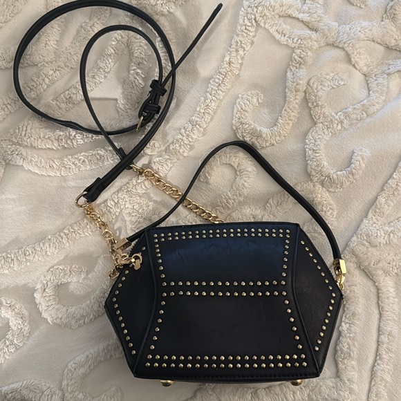 Preowned Urban Expressions Black and Gold Studded Crossbody and Wristlet Purse - Picture 1 of 5